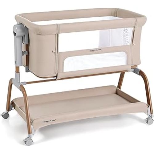 ANGELBLISS 3 in 1 Baby Bassinet, Rocking Bassinets Bedside Sleeper with Comfy Mattress and Wheels, 6 Height Adjustable Easy Folding Portable Bedside Crib for Newborn Infant (Khaki)