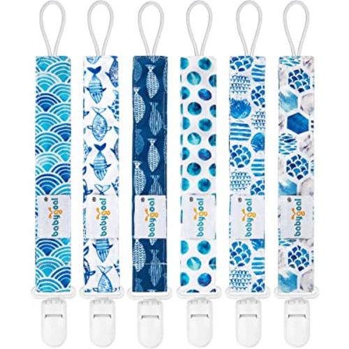 Babygoal Ocean Blue Pacifier Clips, 6 Pack Binky Paci Holder Clips and Leash for Boys and Girls Fits for Most Pacifier, Binkie Styles & Baby Teethers & Toys and Gift 6PS12