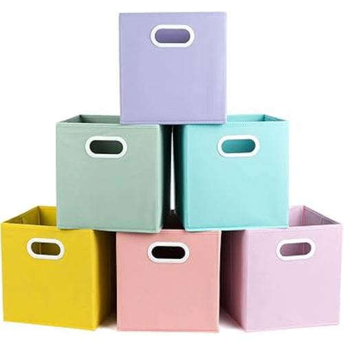 Fabric Storage Bins 6 Pack 11 inch Foldable Storage Cubes with Plastic Handles Fun Colored Durable Cube Storage Bin for Home, Playroom, Closet Organizers, Multi Colored