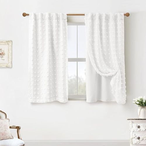 Lino Rosa Bathroom Curtains Window,Short White Boho Pom Pom 60% Backout Farmhouse Privacy Curtain for Small Bedroom Kitchen Windows 45 Inch Length