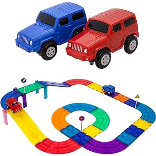PicassoTiles 30 Piece Race Car Track Building Block Educational Toy Set Magnetic Tiles Magnet DIY Playset 2 Trucks STEM Learning Construction Kit Hand-Eye Coordination Fine Motor Skill