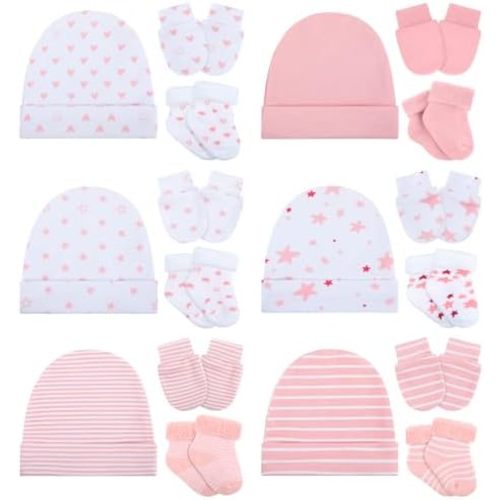 Toulite 6 Pack Preemie Hats Mittens and Socks Set Cotton Preemie Beanie Hat Mittens and No Scratch Preemie Mittens Socks