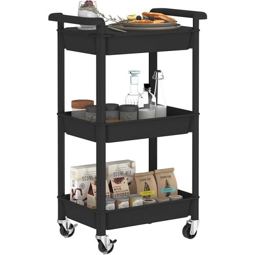 3-Tier Utility Rolling Cart with Cover Top Board, Mobile Utility Cart with Lockable Casters Multi-Functional Storage Trolley for Office, Bathroom, Kitchen, Garden, Laundry Room (Black)