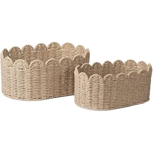 Scalloped Edge Basket, Wicker Storage Baskets, Hand Woven Baskets for Shelves,Natural Baskets for Organizing (Paper rope(Ellipse-16"L x 10"W x 7"H))