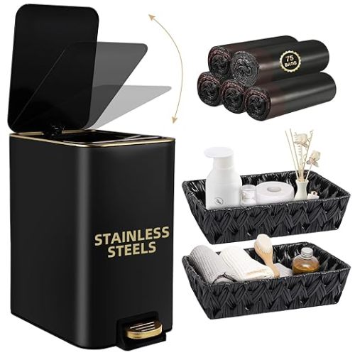 Small Bathroom Trash Can with Lid Soft Close,10 Liter/2.6 Gallon Stainless Steel Garbage Can with Removable Inner Bucket,Wicker Storage Baskets,75Count Trash Bags,Slim Step Pedal Trash Bins