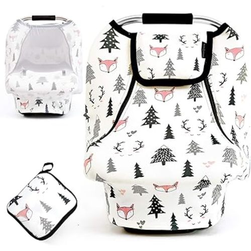 ACRABROS Car Seat Covers for Babies,All Season Infant Carseat Cover Canopy for Boys and Girls,Super Stretchy Adjustable Peeping Window with Mesh Cover,Warm Breathable Universal Fit,Forest Fox