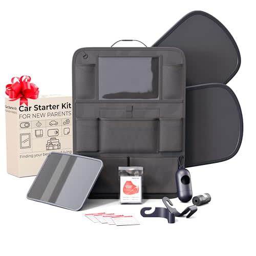Crivora Baby Car Essentials Starter Kit for New Parents w/ 1 Backseat Organizer 2 Window Sun Shades 2 Headrest Hooks 1 Rear Facing CarSeat Mirror – Baby Car Stuff Must Haves & Newborn Essentials