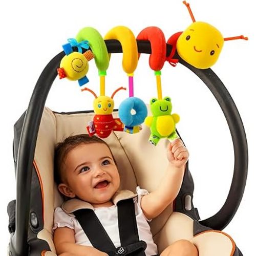 Car Seat Toys for Babies 0-6 Months, Hanging Carseat Toys for Infants 0-12 Months, Spiral Plush Caterpillar Sensory Stroller Toy with Rattles for Baby Essentials Newborn Boy Girl Shower Gifts