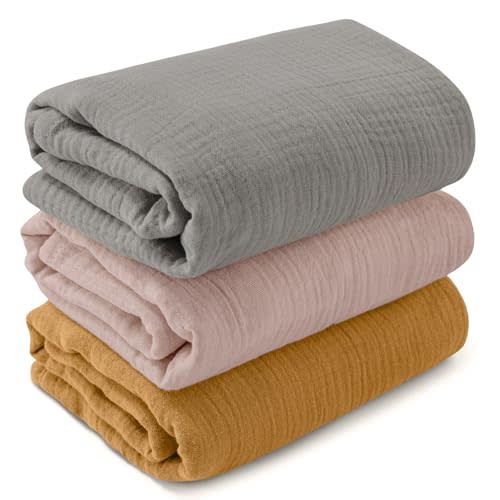 Muslin Swaddle Blankets for Newborn, 3 Pack Breathable Soft Receiving Blanket, Large 38 x 40 inches Swaddle Wrap Burping Clothes, Essentials Infant Shower Items, Toddler Gift (Multiple Colors)