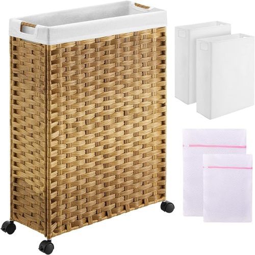 Greenstell Laundry Hamper with Wheels, 50L Slim Laundry Basket with 2 Removable Liner Bags & 2 Mesh Bags, Narrow Dirty Clothes Basket, Handwoven Rattan Organizer in Bathroom, Bedroom, Natural