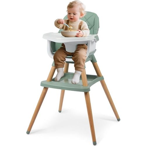 Kinder King 7 in 1 Baby High Chair for Babies and Toddlers with Large Storage Footrest, Booster Seat, Convertible Wooden High Chair with 3-Depth Double Dishwasher Safe Tray, 5 Point Harness, Green