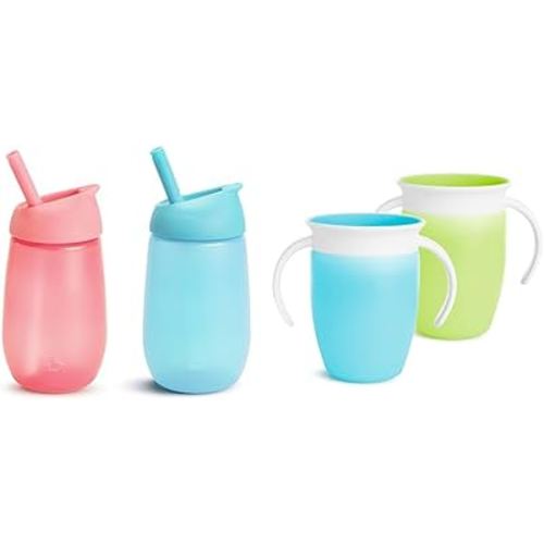 Munchkin® Simple Clean™ Toddler Sippy Cup with Easy Clean Straw, 10 Ounce, 2 Pack, Pink/Blue & Miracle® 360 Trainer Sippy Cup with Handles, Spill Proof, 7 Ounce, 2 Pack, Green/Blue