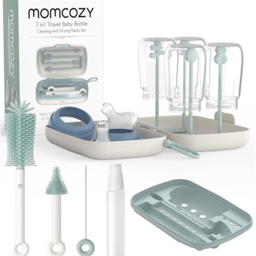 Momcozy Bottle Brush Set - Baby Bottle Cleaner Kit with Silicone Brush, Nipple Brush, Straw Brush, Soap Dispenser, Drying Rack - 7 in 1 Bottle Cleaning Tool for Home and Travel, Green