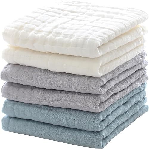 MUKIN Baby Wash Towels, Soft Face Cloths, Newborn Absorbent Bath Wipes, Burp Cloths or Towels, Pack of 6, 12x12 inches (White, Ash Gray, Ice Blue)