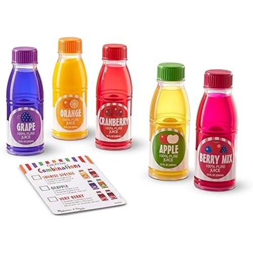 Melissa & Doug Tip & Sip Toy Juice Bottles and Activity Card (6 Pcs) - Pretend Play Food Set, Play Kitchen Food For Ages 3+