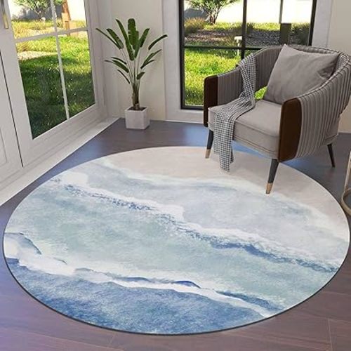 DecorLovee Navy Blue Summer Beach Round Area Rugs 5ft - Soft Area Rug for Kids Room, Coastal Nautical Ocean Seaside Washable Living Room Circle Rugs, Non-Shedding Residential Bedroom Carpet Floor Mat