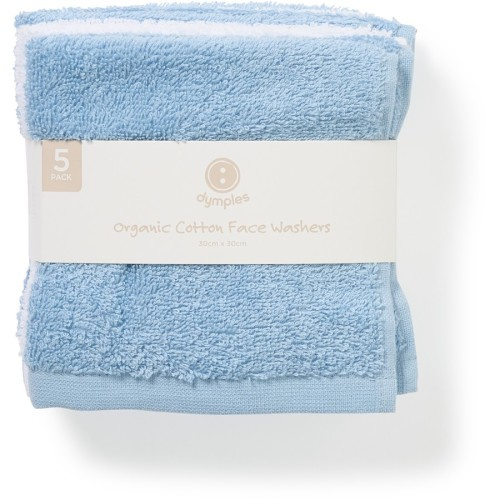 Dymples Organic Cotton Face Washer 5 Pack - Blue