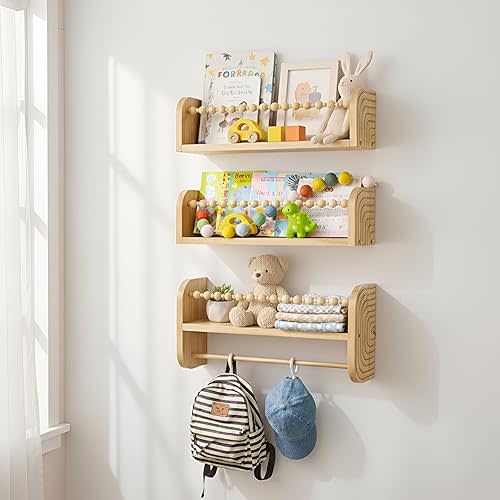 SAG's store Floating Nursery Shelves - Set of 3 Natural Wood Wall-Mounted Bookshelves for Kids Room, Baby Room, Nursery Decor - 15.7" Wide, Solid Wood Shelves for Books, Toys, and Decor Storage