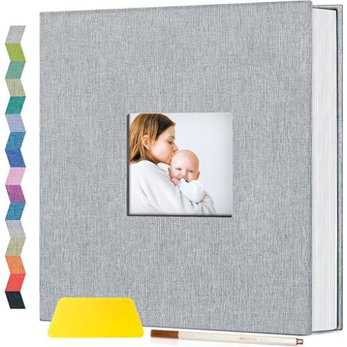Popotop Photo Album Self Adhesive with Picture Display Window,60 Pages DIY Scrapbook Album for 4x6 10x12 Picture,Linen Cover Memory Book for Baby Wedding, with Scraper and Metallic Pen