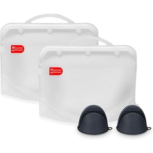 Silicone Microwave Steam Sterilizer Bags with Mini Oven Gloves, ZÜCÜBéBé Reusable Silicone Steaming Bags for Baby Bottles, Breast Pump, Accessories, Great for Home and On-The-Go, White (2PC)