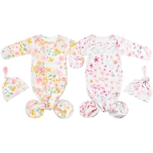 Newborn Cotton Knotted Gown Sleeper Gown with Beanie Set Baby Girl Nightgowns Coming Home Outfits 2 Packs