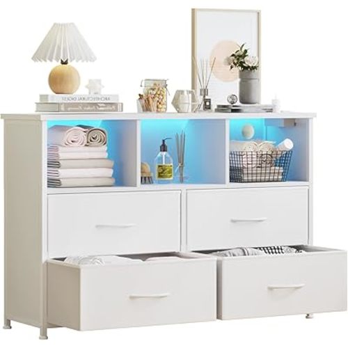 LUMTOK 4-Drawers Dresser with 3 Open Storage Shelves, Fabric Dressers Drawers for Bedroom, Hallway, Nursery, Closets (White)