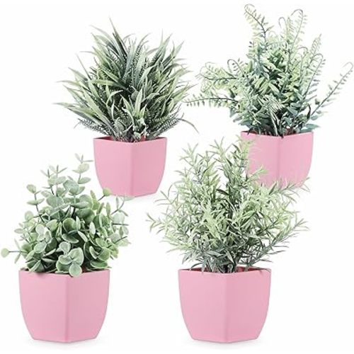 4 Pack Fake Plants Mini Artificial Greenery Potted Eucalyptus Plants for Office Desk Accessories Decor, Bathroom Faux Small Plant in Pink Pot for Home Laundry Room Farmhouse Decoration