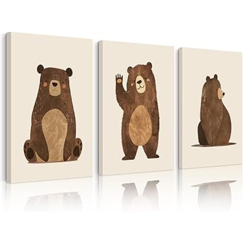 Nursery Wall Art Baby Canvas Pictures Bear Wall Decor Boys Room Prints Kids Poster Cute Animal Theme Pictures Woodland Bear Painting Neutral Children Artwork for Bedroom 12x16 Inch Ready to Hang