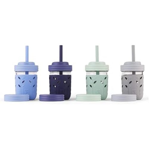 Elk and Friends Kids & Toddler Cups | The Original Glass Mason jars 8 oz with Silicone Straws with Stoppers | Smoothie Cups | Spill Proof Sippy Cups for Toddlers