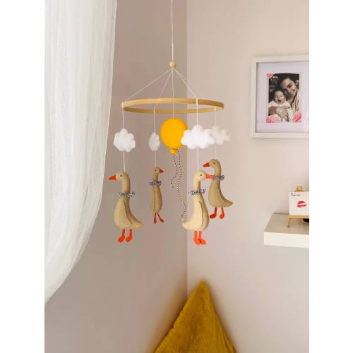 Duck Nursery - Baby Mobile Goose - Yellow Hot Air Balloon - Crib Mobile - Goose Baby Shower - Duck Baby Shower - Felt Goose Mobile Nursery
