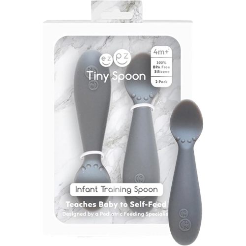 ezpz Tiny Spoon (2 Pack in Gray) - 100% Silicone Baby Spoon for Baby Led Weaning + Purees - 6 months + - Designed by a Pediatric Feeding Specialist - Baby Essentials & Baby Gifts