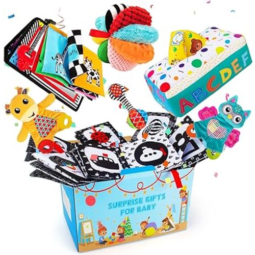 Baby Gifts Set,Infant Toys Set with Tummy Time Mirror,Plush Teethers,High Contrast Baby Books,Rattle,Tissue Box Toy,Sensory Ball for Boys Girls,Perfect Sensory Toys Gifts Basket for Shower Birthday