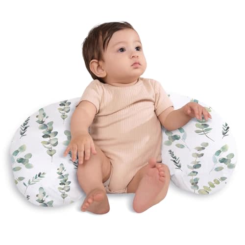 Little Grape Land Nursing Pillow,Upgraded Breast Feeding Pillow for Mom,Breastfeeding & Bottle Feeding for 0–17 Months, Soft Machine Washable Cover with firm breathable filling,Tummy Time,Green Leaves