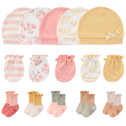 MAMIMAKA Newborn Baby Boy Girl Caps Mittens Socks Set Cotton Baby Essentials Accessories (Hats+Gloves+Socks)