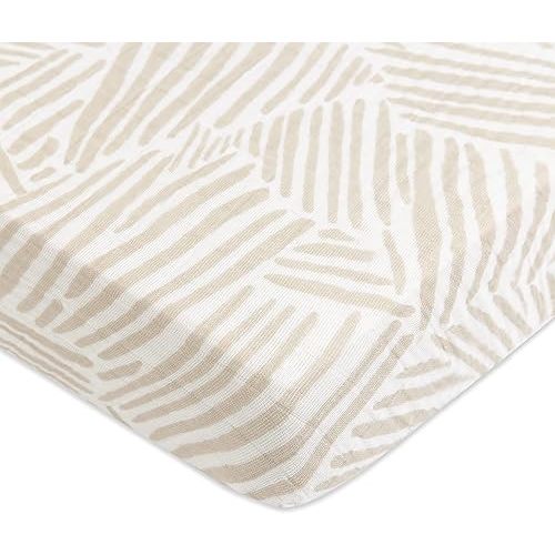Babyletto 100% Organic Cotton Mini Crib Sheet, GOTS-Certified, Fitted 360°, Ultra-Soft and Breathable Muslin - Oat Stripe