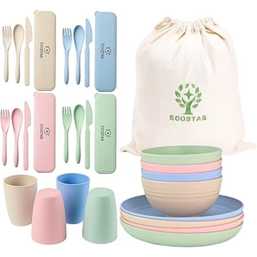 ECOSTAR Wheat Straw Dinnerware Sets Unbreakable Plates Bowls and Cups Reusable Utensils Dishwasher Microwave Safe Bowls and Plates Sets (Classic)