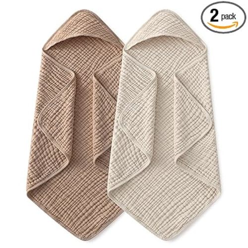 Yoofoss Hooded Baby Towels for Newborn 2 Pack 100% Muslin Organic Cotton Baby Bath Towel with Hood for Babies, Infant, Toddler and Kids, 32x32Inch, Soft and Absorbent Newborn Essential, Beige&Coffee