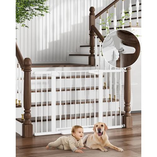 Cumbor 29.7-51.5" Baby Gate Extra Wide, Safety Dog Gate for Stairs, Easy Walk Thru Auto Close Pet Gates for The House, Doorways, Child Gate Includes 4 Wall Cups,White, Mom's Choice Awards Winner