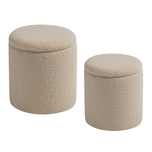 SAYMA Round Set of 2 Ottoman with Storage Sherpa Storage Ottoman Chair Makeup Vanity Stool Chair Multifunctional for Living Room, Bedroom, Dining Room (Beige)