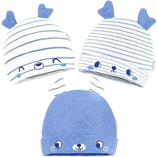 DOKMA 3 Pieces Newborn Baby Hat Animal Ears Infant Caps Baby Boy Girl Toddler Hats Beanie Caps, Blue, 0-3 Months
