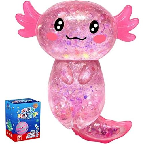Axolotl Squishy Glitter Stress Relief Toy, Stretchy Axolotls Stress Ball, Relief Squishy Toys, Fidget Toys for Kids Youth Adult, Salamander Gift for Party Birthday Christmas (Pink)