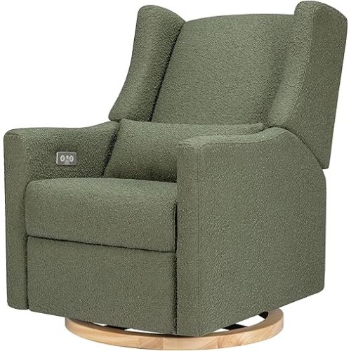 babyletto Kiwi Glider Recliner w/Electronic Control and USB | in Olive Boucle w/Light Wood Base, Greenguard Gold Certified