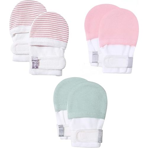 3-6 M, HAPIU Baby No Scratch Mittens Stay On, 100% Cotton Breathable, Adjustable Infant Gloves