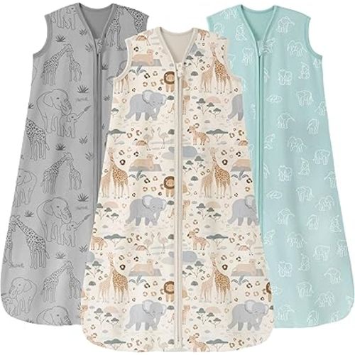 Baby Sleep Sack 6-12 Months 3 Pack 100% Cotton Lightweight 0.5 TOG Wearable Blanket Baby Sleep Bag with 2-Way Zipper for Newborn Infant Apricot Gray Green Elephant