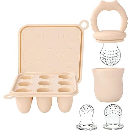Socub Silicone Baby Fruit Food Feeder & Baby Food Freezer Tray Set, Milk Popsicle Molds for Baby Teething Relief, Baby Food Pacifier Feeder for Self Feeding, Include 3 Sizes Food Pouch(Sand)