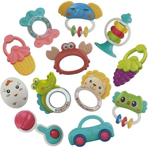 Qizebaby 12pcs Baby Rattles Toys Set，Sensory Teether，Infant Grab Shake Rattle，Toddler Newborn Toys for Early Education，Learning Music Toy Boys and Girls from 0-3-6-12 Months Old