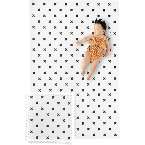 Yay Mats Stylish Extra Large Baby Play Mat. Soft, Thick, Non-Toxic Foam Covers 6 ft x 4 ft. Expandable Tiles with Edges Infants and Kids Playmat Tummy Time Mat (Brooklyn Cross White)
