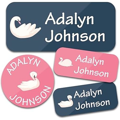 Personalized Daycare Name Labels (130 Labels) - Custom Waterproof Name Stickers for Clothing Tags, Water Bottles, Lunch Boxes and School Supplies (Swan)
