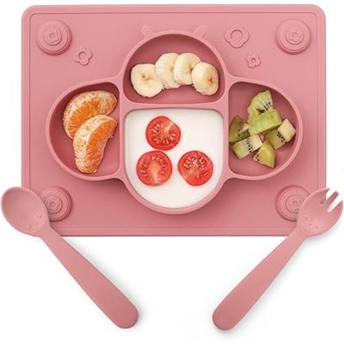 ROCCED Suction Plates for Baby Placemat Spoon Fork Set for Toddlers, Silicone Baby Plates with Suction Baby Dishes for Kids Plates-pale mauve