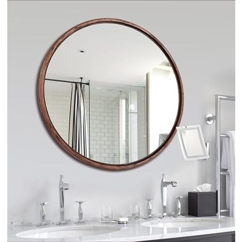 Round Solid Oak Wood Mirror, 24x24 Inch Medium Size, Walnut Frame, Modern Decorative Wall Makeup Mirror for Bathroom, Bedroom, Living Room(Walnut, 24" x 24")